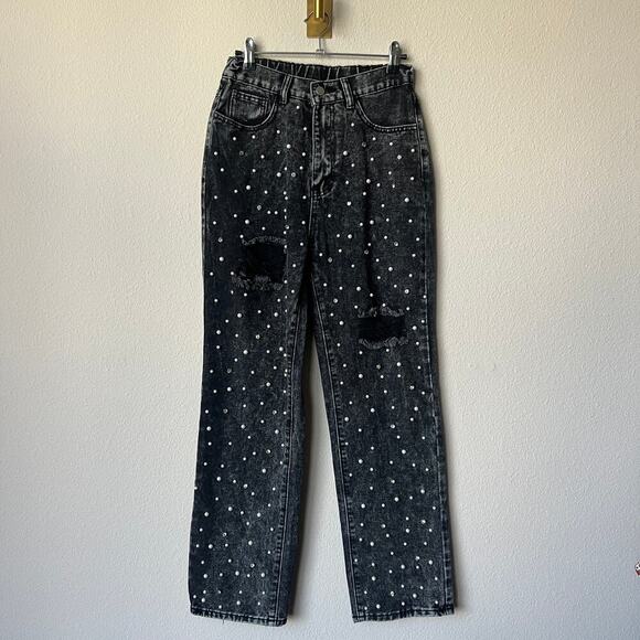 Pearl Rhinestone Distressed Black Straight Leg Denim Jeans Size S - Picture 2 of 5